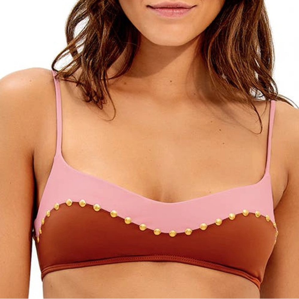 VIX LAILA pull on color block top brown pink multicolor bikini swim top size M